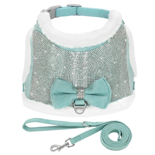Collier pour Chihuahua : Harnais bleu et paillettes avec sa laisse. Tendance, pour offrir confort et sรฉcuritรฉ ร votre petit chien ou chat