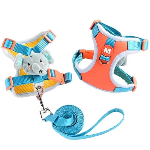 Collier pour Chihuahua : harnais orange et bleu avec peluche รฉlรฉphant et une laisse. Tendance, pour offrir confort et sรฉcuritรฉ ร votre petit chien ou chat