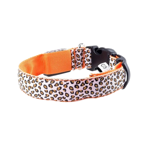 Collier pour chiens orange aux motifs Lรฉopard avec รฉclairage LED. Confortable, convient aux petits chiens, chihuahuas, ou aux chats. Vendu dans la boutique ยซย Mon Petit Chihuahuaย ยป