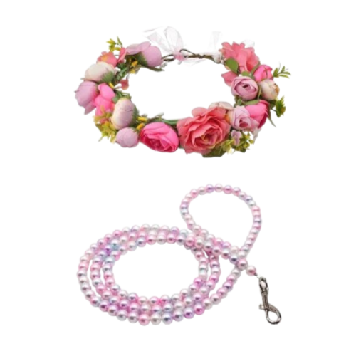 Collier pour Chihuahua en fleurs roses et sa laisse en perles roses. Tendance, pour offrir confort et sécurité à votre petit chien ou chat