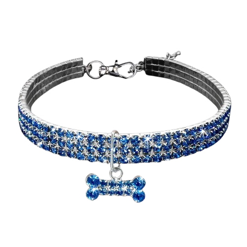 Collier pour Chihuahua avec diamants bleus et un pendentif motif os. Tendance, pour offrir confort et sécurité à votre petit chien ou chat