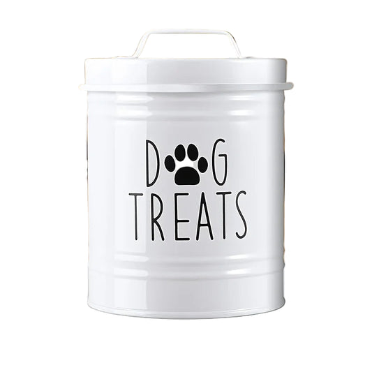 Boite à croquettes en métal, couleur blanche. Pour la nourriture des petits chiens et chats. Vendue sur la boutique Mon Petit Chihuahua.