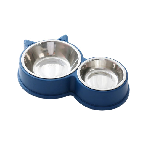 Gamelle double avec deux bols de différents tailles pour les croquettes et l’eau. Convient à tous les petits chiens et les chats. Vendue sur la boutique Mon Petit Chihuahua. Couleur bleu