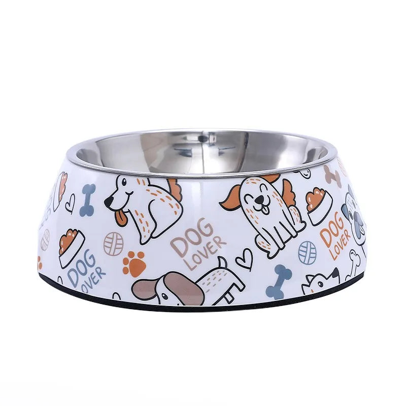 Gamelle en inox avec des motifs chiens, adaptée aux petits chiens et aux chats. Vendue sur la boutique Mon Petit Chihuahua. Couleur blanche avec motifs