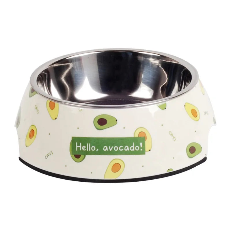 Gamelle Chien Inox beige motifs Avocats adaptΓ©e aux petits chiens et aux chats. Vendue sur la boutique Mon Petit Chihuahua.