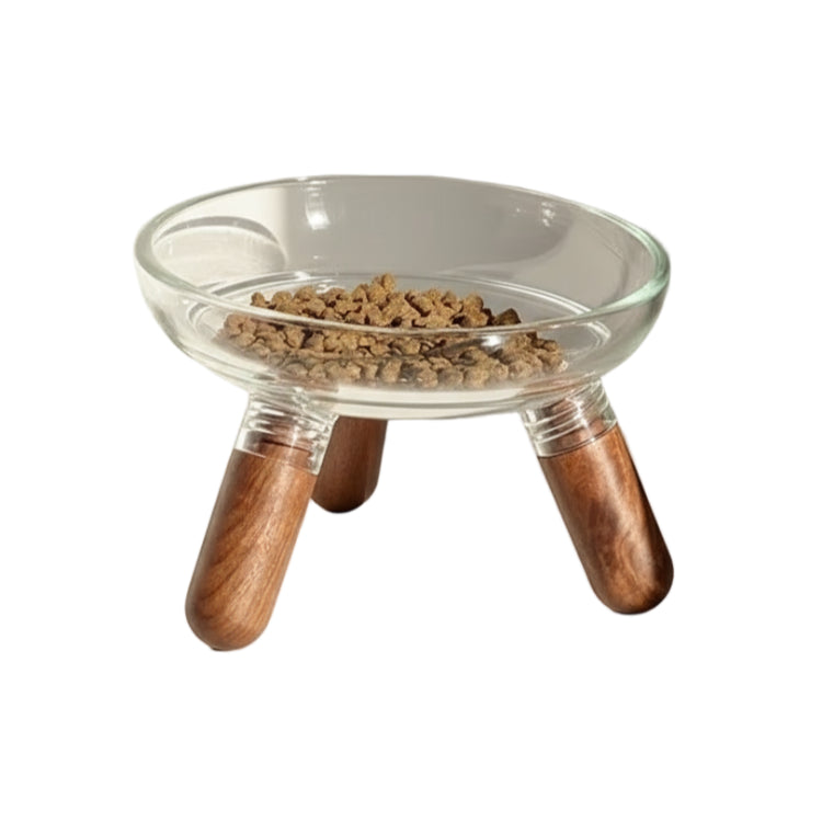 Gamelle transparente surélevée, avec des pieds en bois. Adaptée à tous les petits chiens et les chats. Vendue sur la boutique Mon Petit Chihuahua.