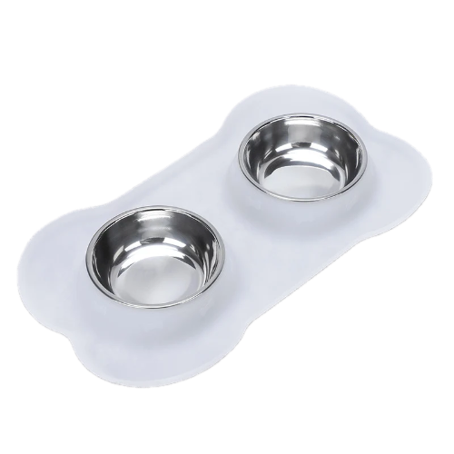 Gamelle double compartiment, avec support plastique antidérapant. Adaptée à tous les petits chiens et les chats. Vendue sur la boutique Mon Petit Chihuahua. Couleur blanc