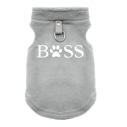 Gilet polaire gris pour Chihuahua avec motif BOSS brodé en blanc – vêtement qui convient à d'autres petits chiens ou chats