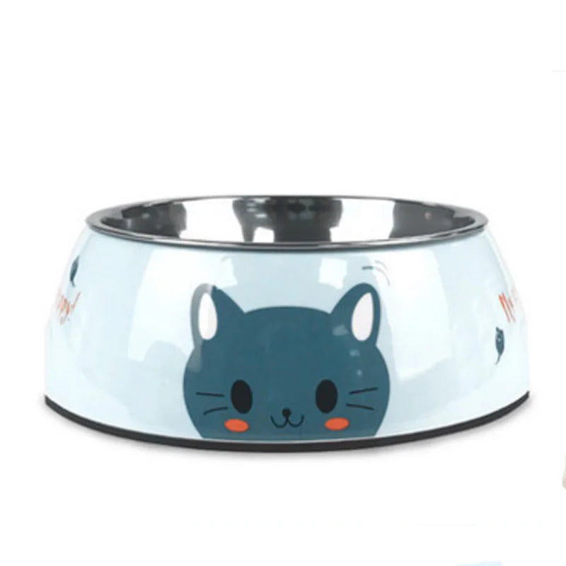 Dog Bowl: Blue stainless steel with cat motifs