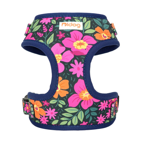 Harnais pour chiens bleu marine avec motifs fleurs. Confortable, convient aux petits chiens, chihuahuas, ou aux chats. Vendu dans la boutique « Mon Petit Chihuahua »