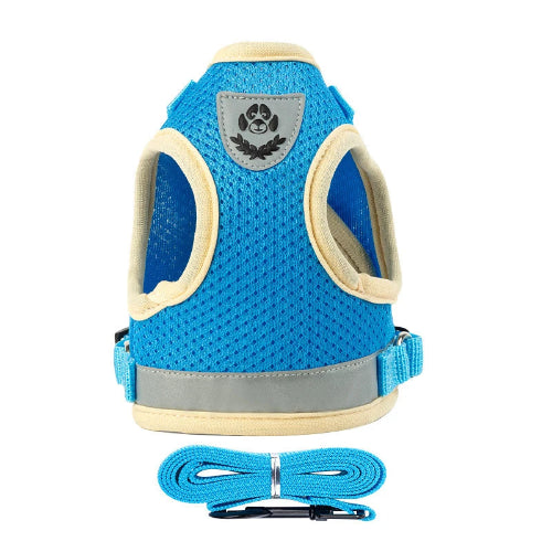 Harnais pour chiens bleu réfléchissant. Vendu avec sa Laisse assortie. Confortable, convient aux petits chiens, chihuahuas, ou aux chats. Vendu dans la boutique « Mon Petit Chihuahua »