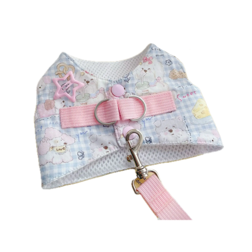Harnais pour chiens bleu et rose avec motifs Chiots. Vendu avec sa Laisse assortie. Confortable, convient aux petits chiens, chihuahuas, ou aux chats. Vendu dans la boutique « Mon Petit Chihuahua »