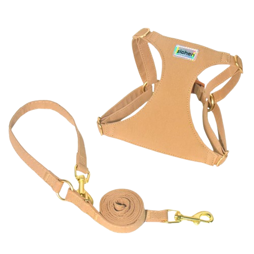 Harnais couleur café beige et doré pour chiens. Vendu avec sa Laisse assortie. Confortable, convient aux petits chiens, chihuahuas, ou aux chats. Vendu dans la boutique « Mon Petit Chihuahua »