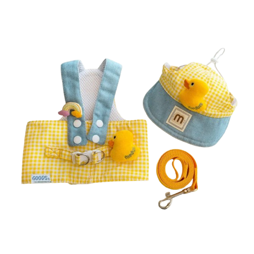 Harnais jaune et bleu avec motif Canard pour petit chien avec casquette et laisse assortie. Confortable, convient aux petits chiens, chihuahuas, ou aux chats.