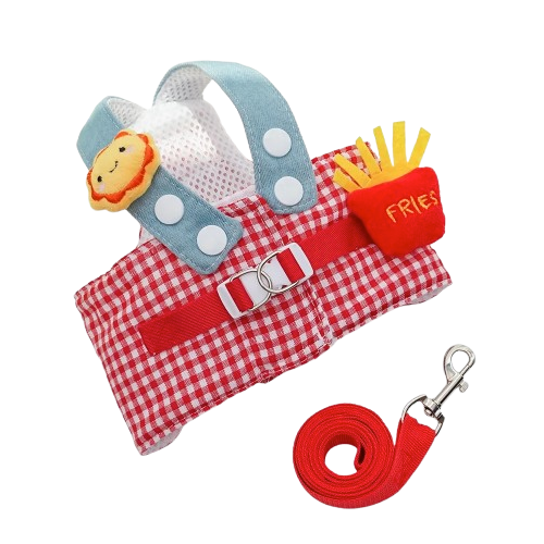 Harnais rouge et bleu motifs Mc Do pour petit chien avec sa laisse assortie. Confortable, convient aux petits chiens, chihuahuas, ou aux chats.