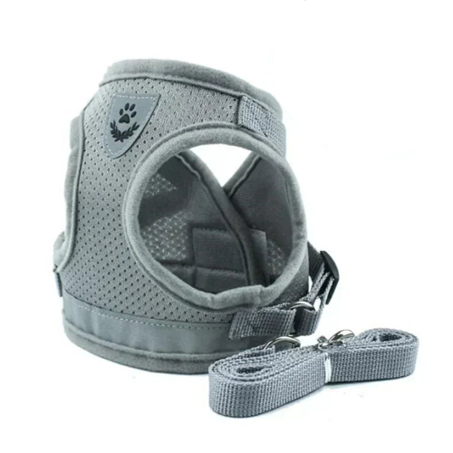 Harnais gilet réfléchissant gris pour petit chien avec sa laisse assortie. Confortable, convient aux petits chiens, chihuahuas, ou aux chats.