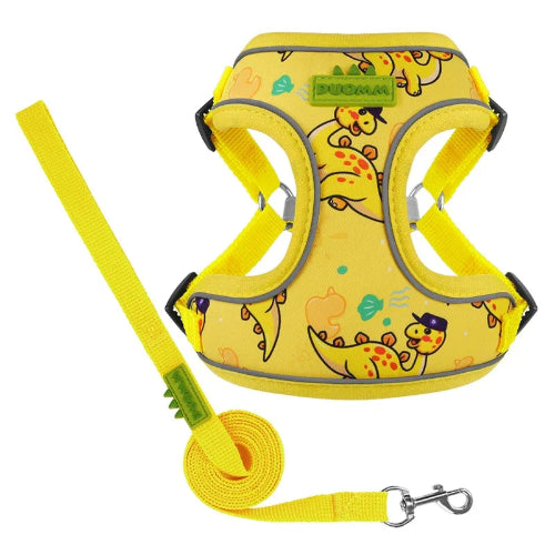 Harnais jaune avec motifs dinosaures pour chiens. Vendu avec sa Laisse assortie. Confortable, convient aux petits chiens, chihuahuas, ou aux chats. Vendu dans la boutique ยซย Mon Petit Chihuahuaย ยป