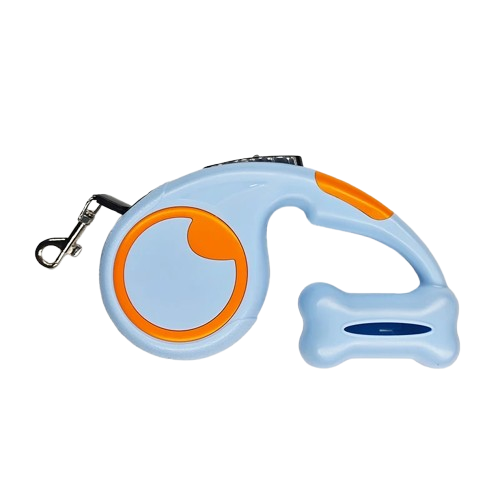 Laisse rétractable bleue pour chiens avec rangement pour sacs poubelle. Pratique, convient aux petits chiens, chihuahuas, ou aux chats. Vendu dans la boutique « Mon Petit Chihuahua »