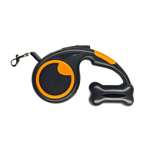 Laisse rétractable noire pour chiens avec rangement pour sacs poubelle. Pratique, convient aux petits chiens, chihuahuas, ou aux chats. Vendu dans la boutique « Mon Petit Chihuahua »