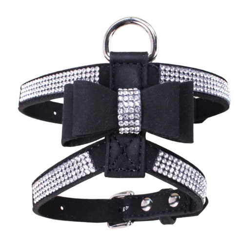 Harnais noir avec noeud papillon et strass pour chiens. Confortable, convient aux petits chiens, chihuahuas, ou aux chats. Vendu dans la boutique « Mon Petit Chihuahua »