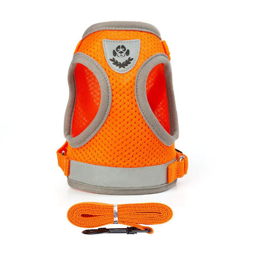 Harnais pour chiens orange réfléchissant. Vendu avec sa Laisse assortie. Confortable, convient aux petits chiens, chihuahuas, ou aux chats. Vendu dans la boutique « Mon Petit Chihuahua »