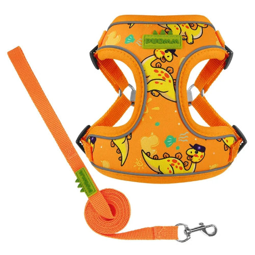 Harnais orange avec motifs dinosaures pour chiens. Vendu avec sa Laisse assortie. Confortable, convient aux petits chiens, chihuahuas, ou aux chats. Vendu dans la boutique ยซย Mon Petit Chihuahuaย ยป