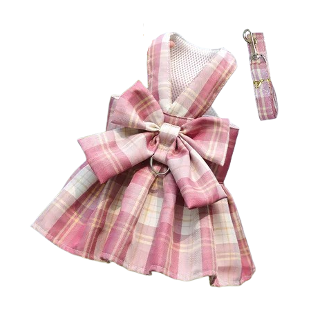 Harnais pour chiens en forme de Robe rose ร carreaux. Vendu avec sa Laisse assortie. Confortable, convient aux petits chiens, chihuahuas, ou aux chats. Vendu dans la boutique ยซย Mon Petit Chihuahuaย ยป
