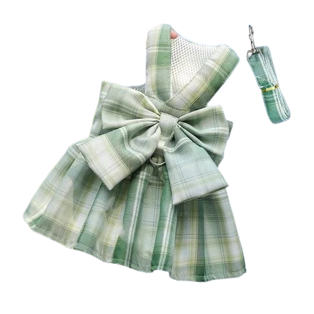 Harnais pour chiens en forme de Robe verte ร carreaux. Vendu avec sa Laisse assortie. Confortable, convient aux petits chiens, chihuahuas, ou aux chats. Vendu dans la boutique ยซย Mon Petit Chihuahuaย ยป