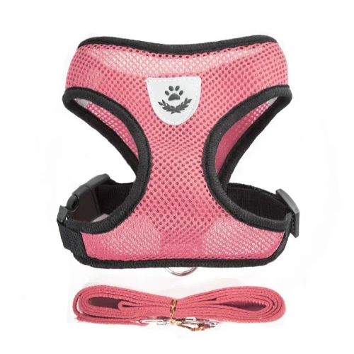 Harnais rose clair et noir et sa laisse assortie pour petit chien. Rรฉglable et confortable, convient aux petits chiens, chihuahuas, ou aux chats.