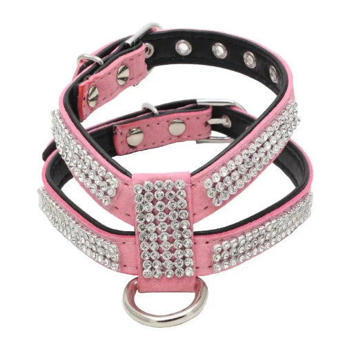 Harnais brillant rose avec strass pour chiens. Confortable, convient aux petits chiens, chihuahuas, ou aux chats. Vendu dans la boutique ยซย Mon Petit Chihuahuaย ยป
