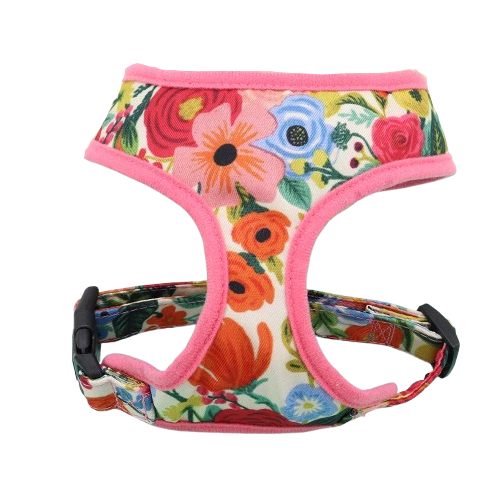 Harnais rose et beige avec motifs fleurs pour chiens. Confortable, convient aux petits chiens, chihuahuas, ou aux chats. Vendu dans la boutique ยซย Mon Petit Chihuahuaย ยป
