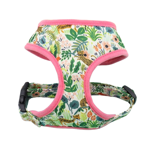 Harnais rose et vert avec motifs fleurs pour chiens. Confortable, convient aux petits chiens, chihuahuas, ou aux chats. Vendu dans la boutique ยซย Mon Petit Chihuahuaย ยป