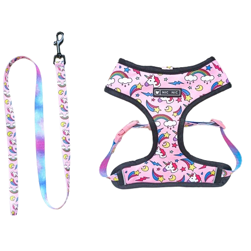 Harnais pour chiens rose avec motifs licornes. Vendu avec sa Laisse assortie. Confortable, convient aux petits chiens, chihuahuas, ou aux chats. Vendu dans la boutique ยซย Mon Petit Chihuahuaย ยป
