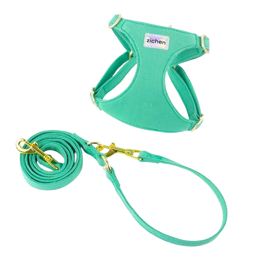 Harnais vert et dorรฉ pour chiens. Vendu avec sa Laisse assortie. Confortable, convient aux petits chiens, chihuahuas, ou aux chats. Vendu dans la boutique ยซย Mon Petit Chihuahuaย ยป