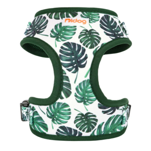 Harnais pour chiens vert avec motifs feuilles. Confortable, convient aux petits chiens, chihuahuas, ou aux chats. Vendu dans la boutique « Mon Petit Chihuahua »