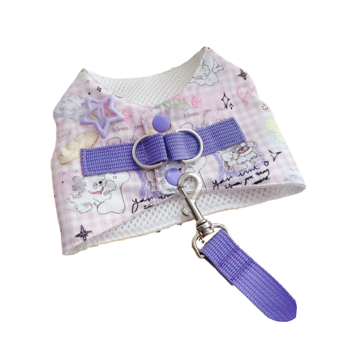 Harnais pour chiens violet avec motifs Chiots. Vendu avec sa Laisse assortie. Confortable, convient aux petits chiens, chihuahuas, ou aux chats. Vendu dans la boutique ยซย Mon Petit Chihuahuaย ยป