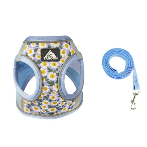 Harnais bleu rรฉsistant avec motifs pรขquerettes pour chiens. Vendu avec avec sa laisse assortie. Confortable, convient aux petits chiens, chihuahuas, ou aux chats.