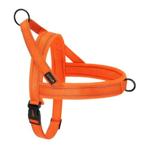 Harnais orange résistant en nylon pour chiens. Confortable, convient aux petits chiens, chihuahuas, ou aux chats. Vendu dans la boutique « Mon Petit Chihuahua »