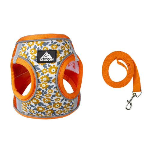 Harnais orange rรฉsistant avec motifs pรขquerettes pour chiens. Vendu avec avec sa laisse assortie. Confortable, convient aux petits chiens, chihuahuas, ou aux chats.