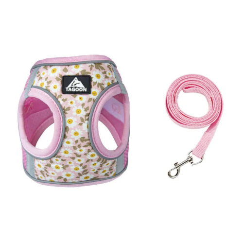 Harnais rose rรฉsistant avec motifs pรขquerettes pour chiens. Vendu avec avec sa laisse assortie. Confortable, convient aux petits chiens, chihuahuas, ou aux chats.