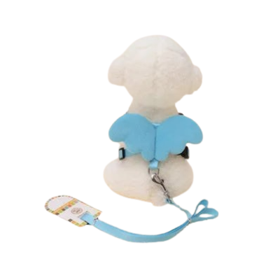 Harnais bleu avec ailes dโange en relief et sa laisse assortie pour petit chien. Rรฉglable et confortable, convient aux petits chiens, chihuahuas, ou aux chats.