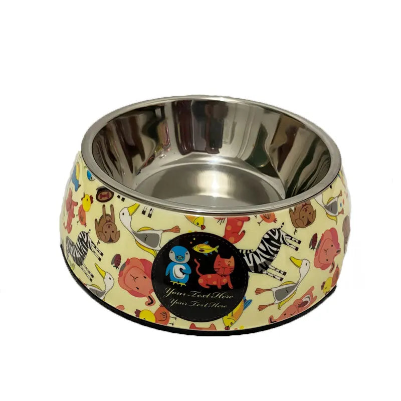 Dog Bowl: Stainless steel with animal motifs
