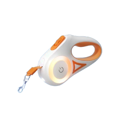 Double Laisse rétractable orange et blanche avec éclairage LED pour chiens. Pratique, convient aux petits chiens, chihuahuas, ou aux chats. Vendu dans la boutique « Mon Petit Chihuahua »