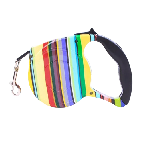 Laisse rétractable avec rayures pour chiens. Pratique, convient aux petits chiens, chihuahuas, ou aux chats. Vendu dans la boutique « Mon Petit Chihuahua »