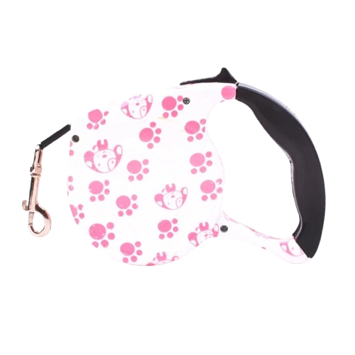 Laisse rétractable blanche avec motifs pattes roses pour chiens. Pratique, convient aux petits chiens, chihuahuas, ou aux chats. Vendu dans la boutique « Mon Petit Chihuahua »