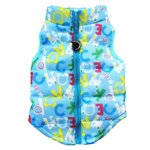 Manteau pour Chihuahua : doudoune bleue motifs alphabet – Confortable, parfait pour protéger votre petit chien ou chat pendant les promenades