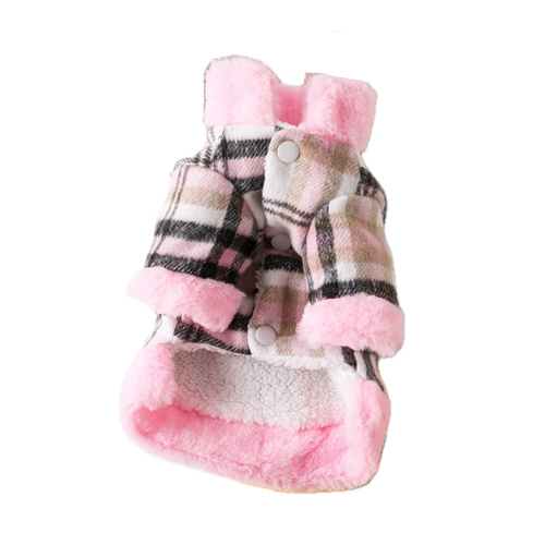 Manteau pour Chihuahua : doudoune rose ร carreaux avec fourrure โ Confortable, parfait pour protรฉger votre petit chien ou chat pendant les promenades - vue de face