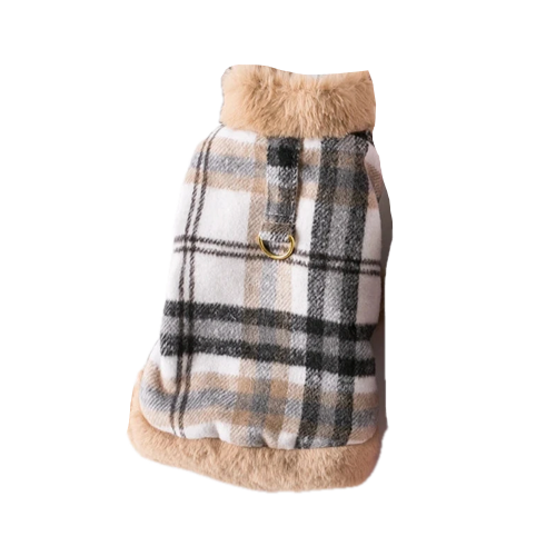 Manteau pour Chihuahua : doudoune marron ร carreaux avec fourrure โ Confortable, parfait pour protรฉger votre petit chien ou chat pendant les promenades