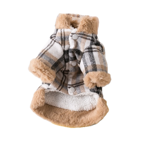 Manteau pour Chihuahua : doudoune à carreaux avec fourrure – Confortable, parfait pour protéger votre petit chien ou chat pendant les promenades - vue de face