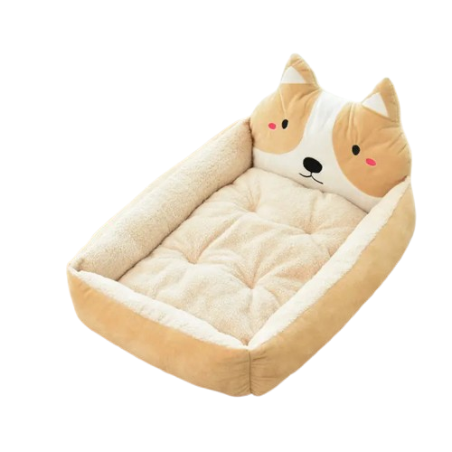 Niche beige style panière avec tête de Shiba pour Chihuahua – Confort maximal avec intérieur moelleux, parfait pour les petits chiens ou chats